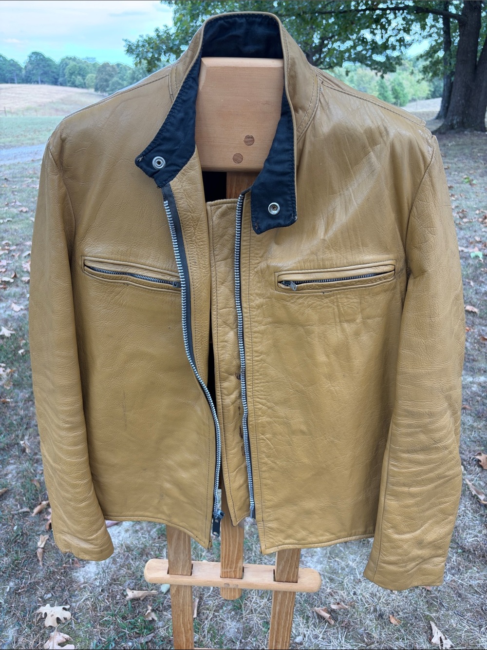 Mustard Brown Leather Moto Jacket with Black Contrast Collar